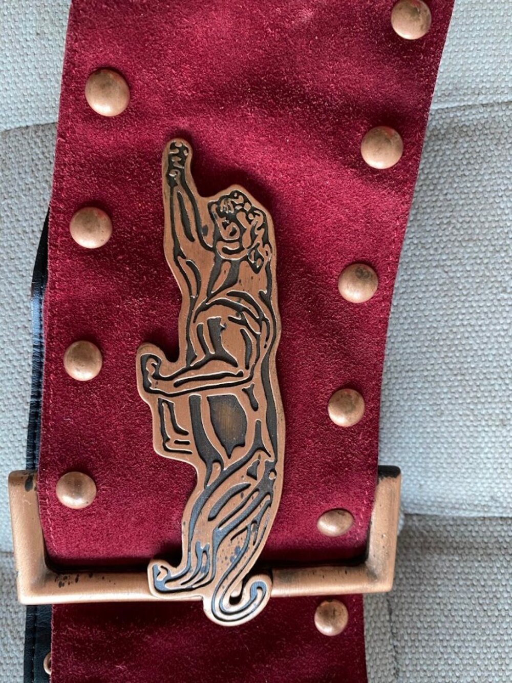 VINTAGE 80s Red Suede Gold Tone Bling Studded Fashion Belt - unique!